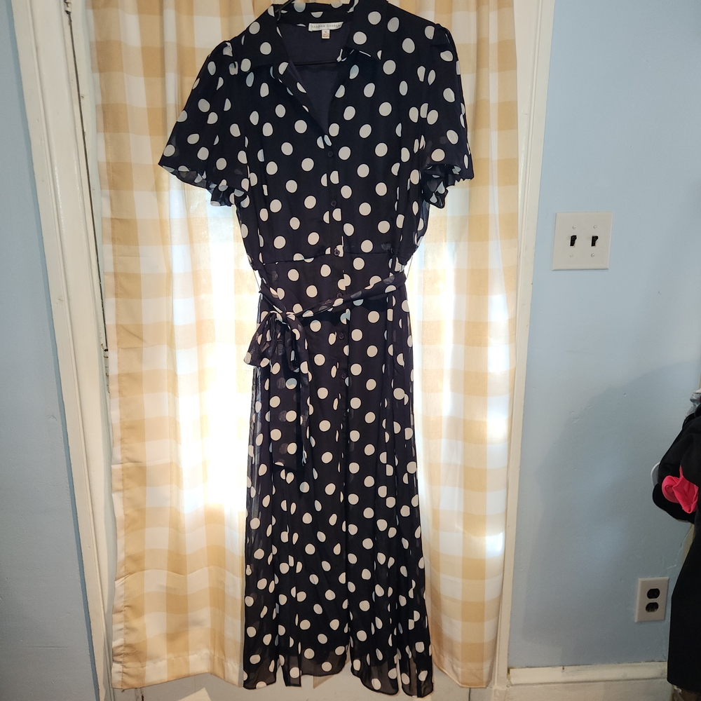 Sandra Darren Navy Polka Dot Midi Dress